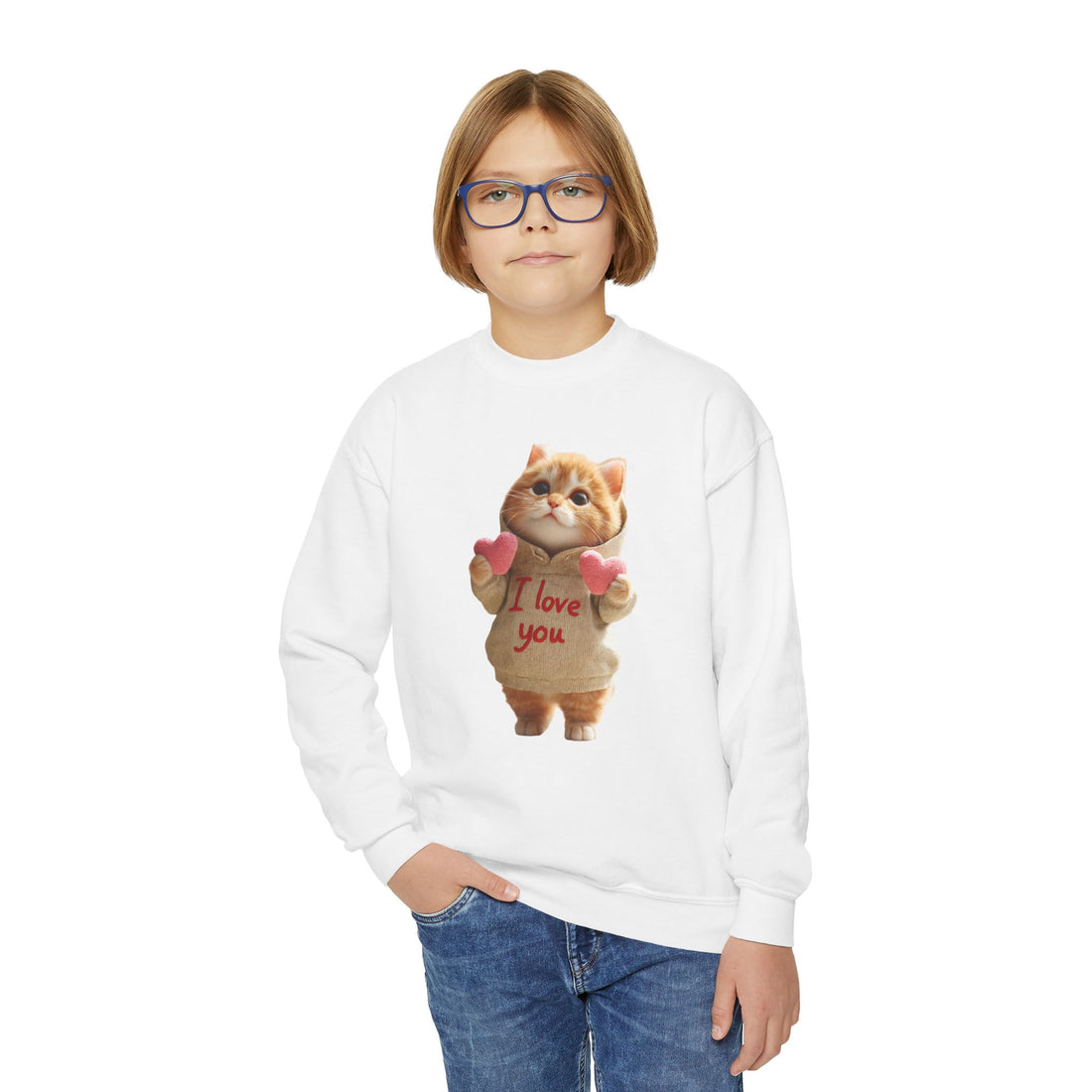 Youth Crewneck Sweatshirt — Cute Kitten "I love you" Valentine Pullover