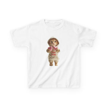 Kids T-Shirt — Cute Kitten Holding Hearts "I Love You" | Valentine’s Day Gift for Children