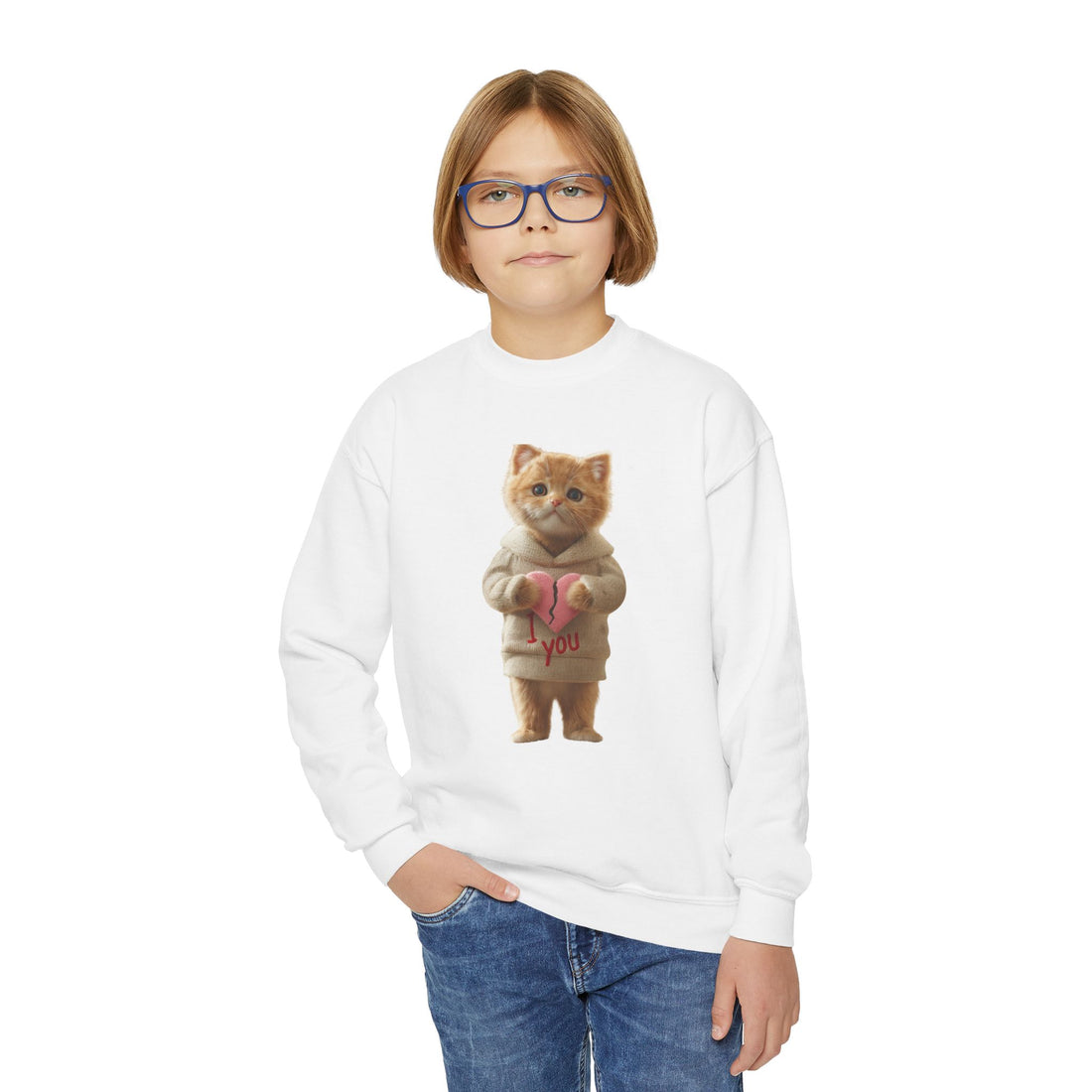Youth Crewneck Sweatshirt — Cute Cat Holding Heart "Love You" Graphic