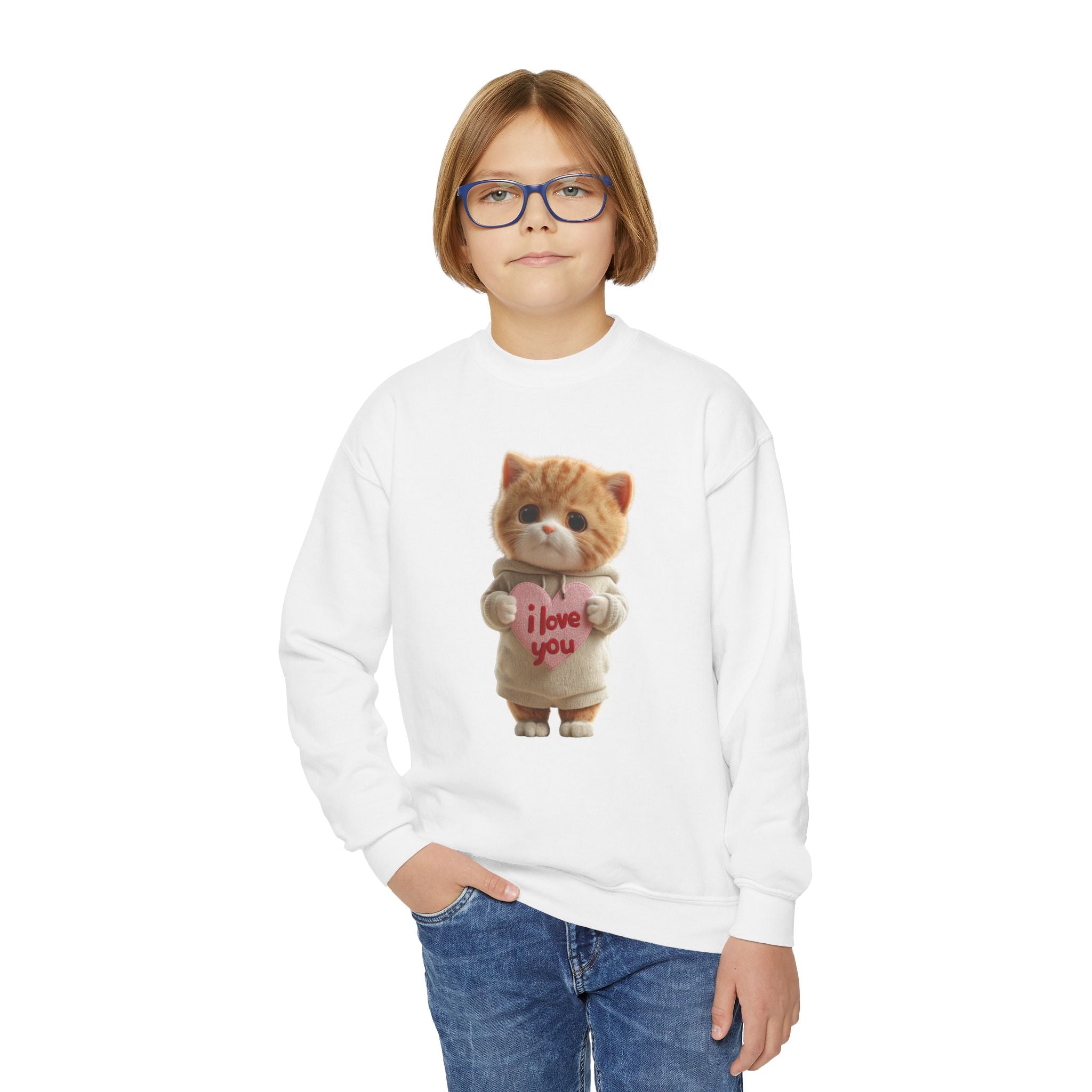 Youth Crewneck Sweatshirt — Cute Kitten Holding “I Love You” Heart