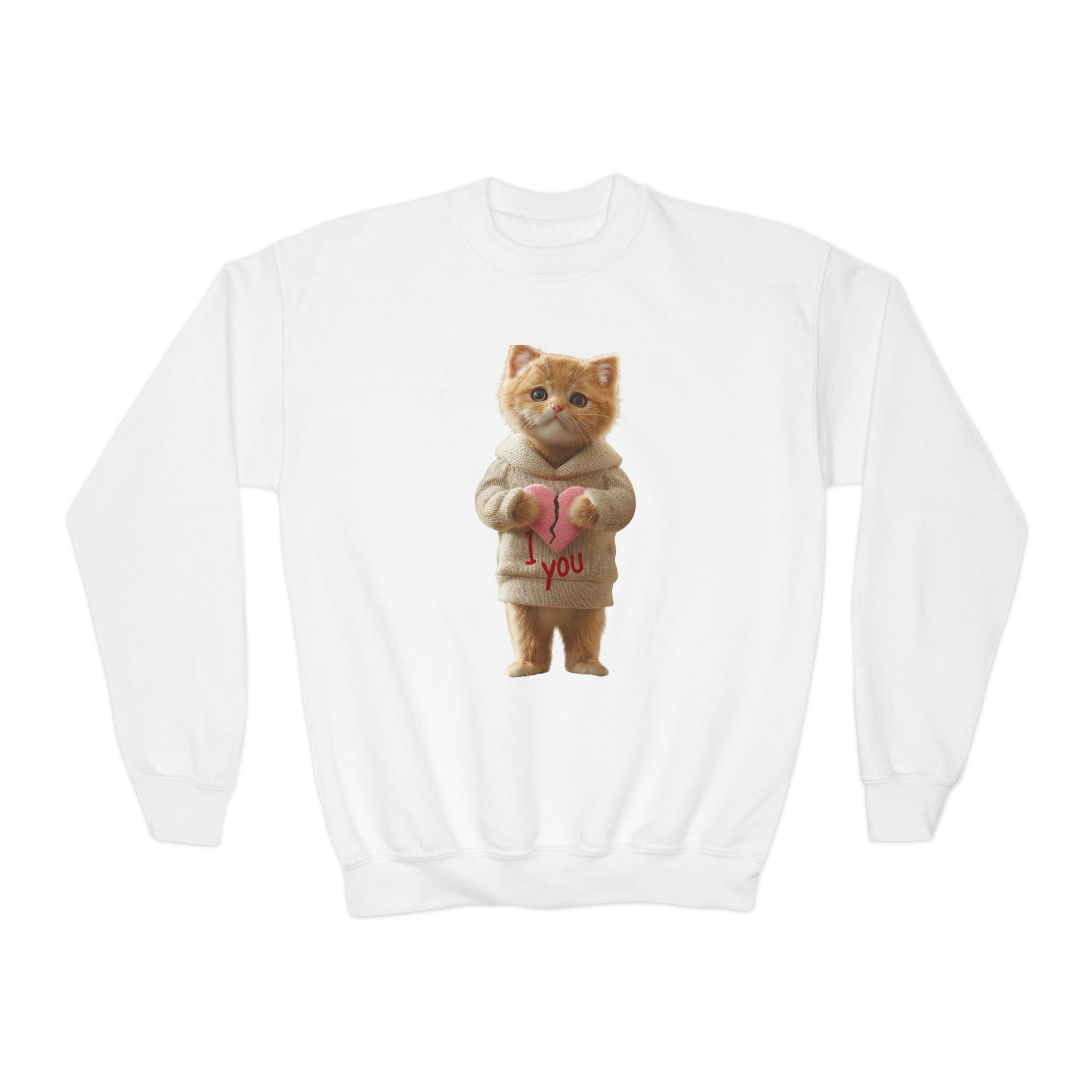 Youth Crewneck Sweatshirt — Cute Cat Holding Heart "Love You" Graphic
