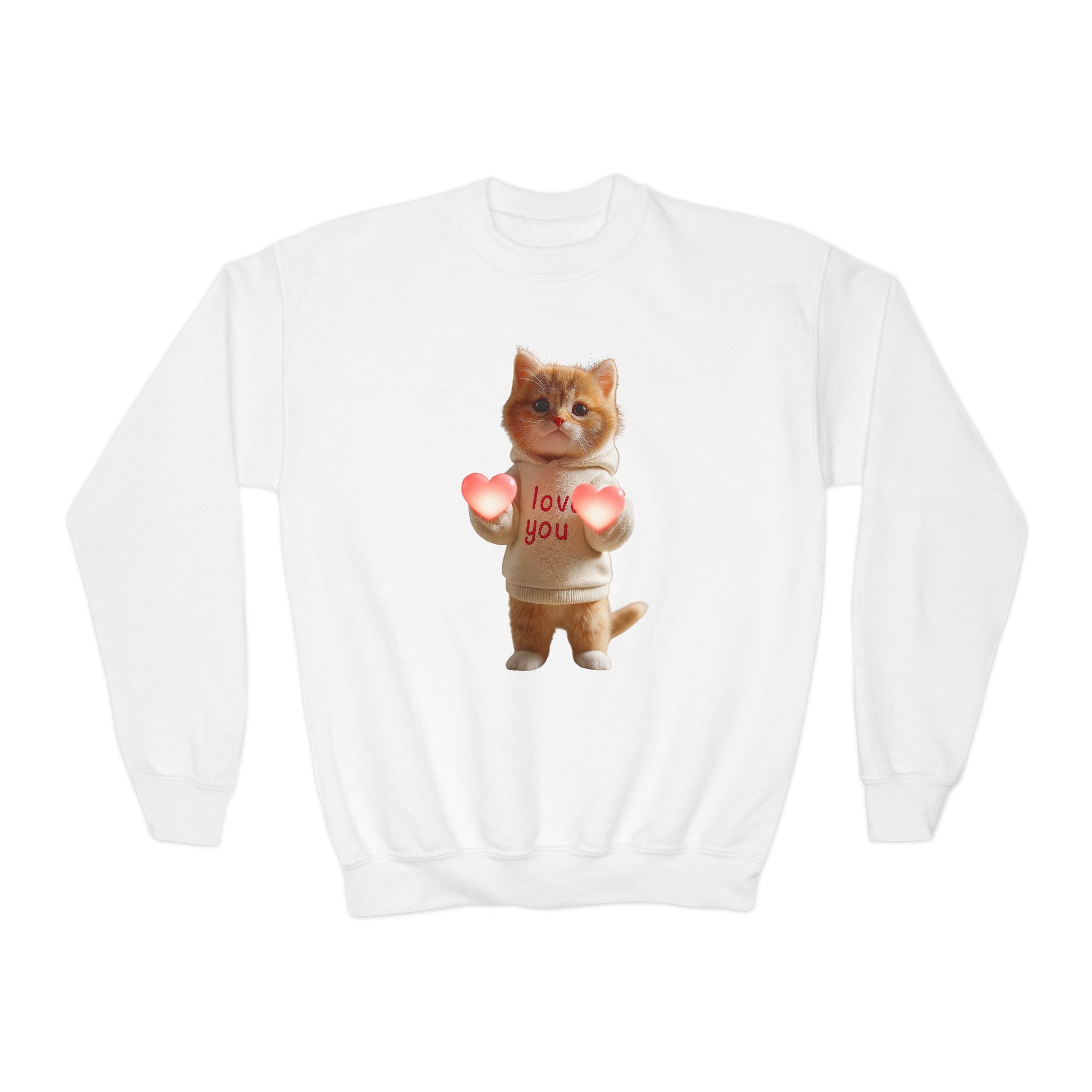 Youth Crewneck Sweatshirt — Cute Cat Holding Hearts “I Love You” Kids Pullover