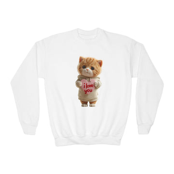 Youth Crewneck Sweatshirt — Cute Kitten Holding “I Love You” Heart