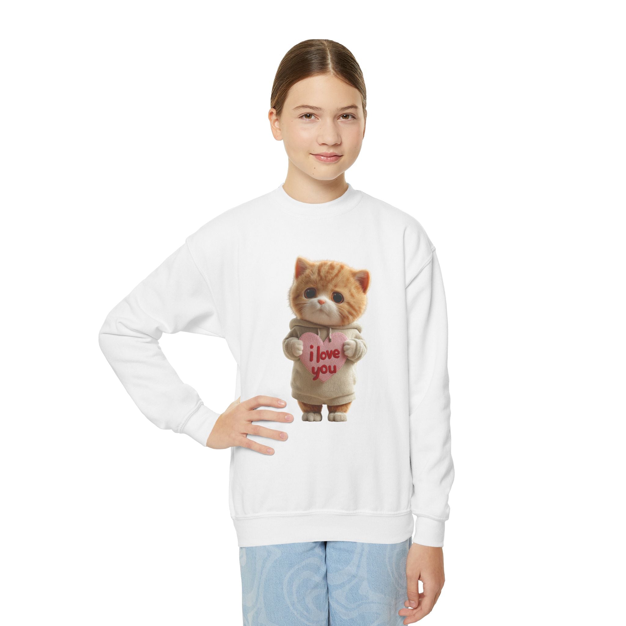 Youth Crewneck Sweatshirt — Cute Kitten Holding “I Love You” Heart