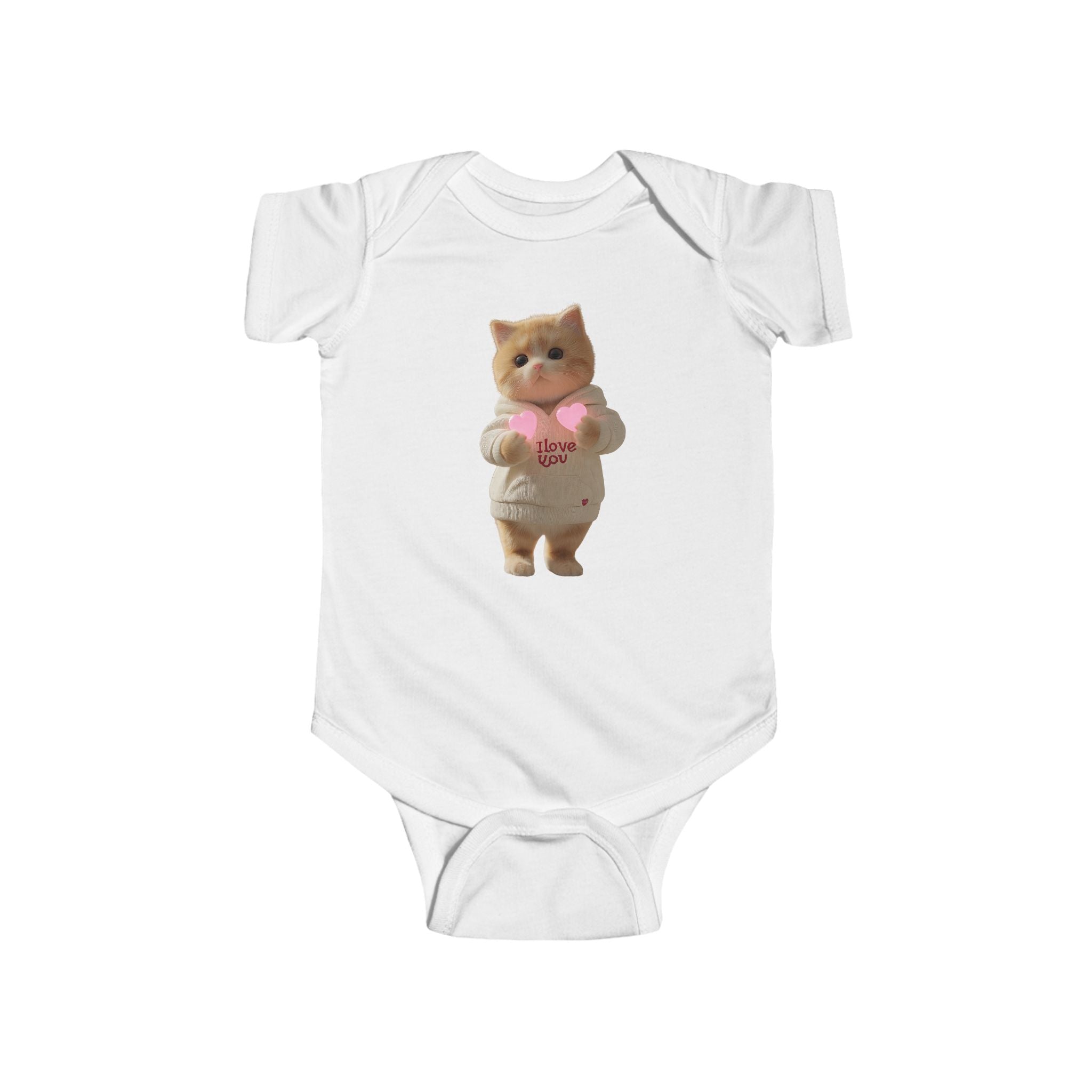 Baby Onesie with Cute Cat Holding “I Love You” Heart — Infant Bodysuit