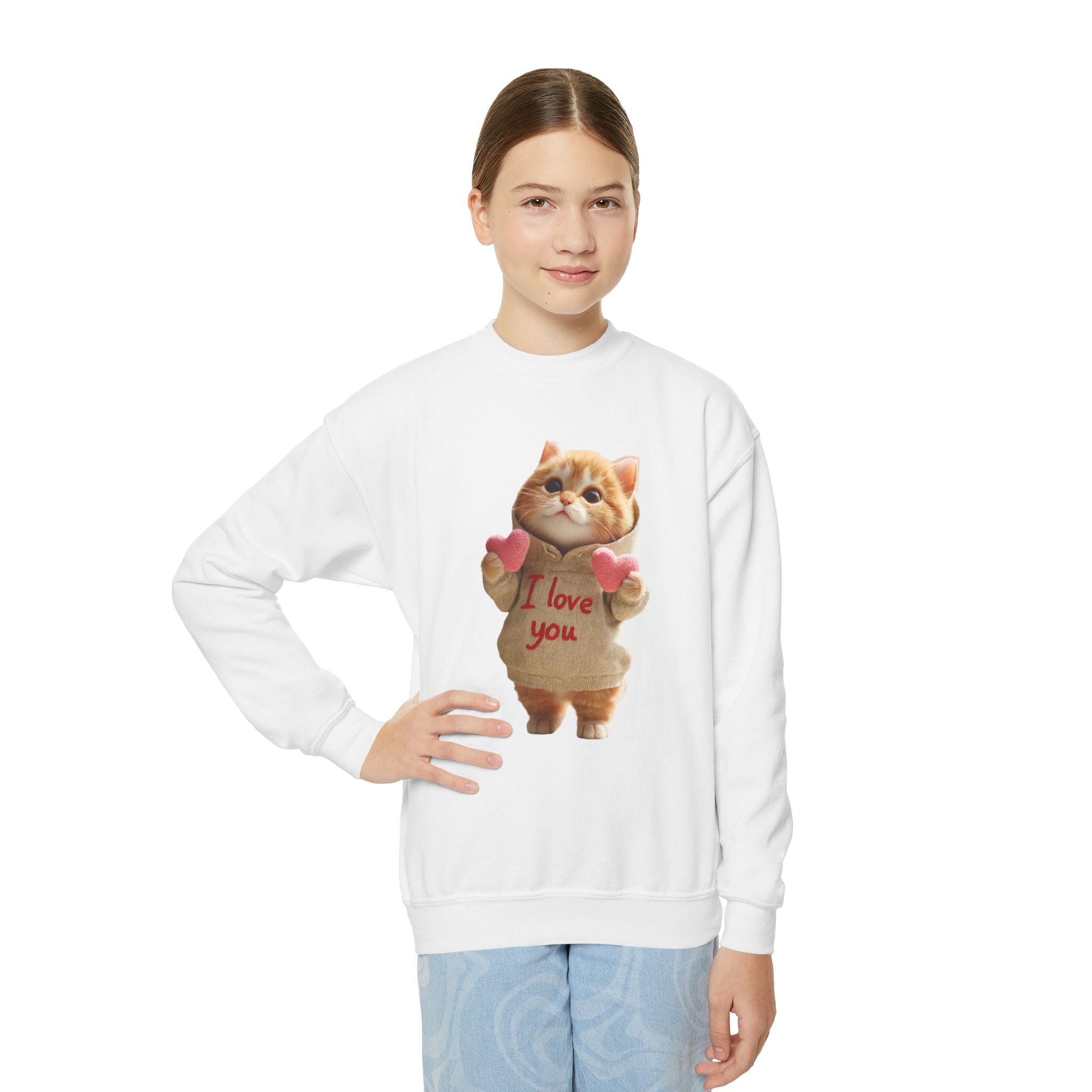 Youth Crewneck Sweatshirt — Cute Kitten "I love you" Valentine Pullover
