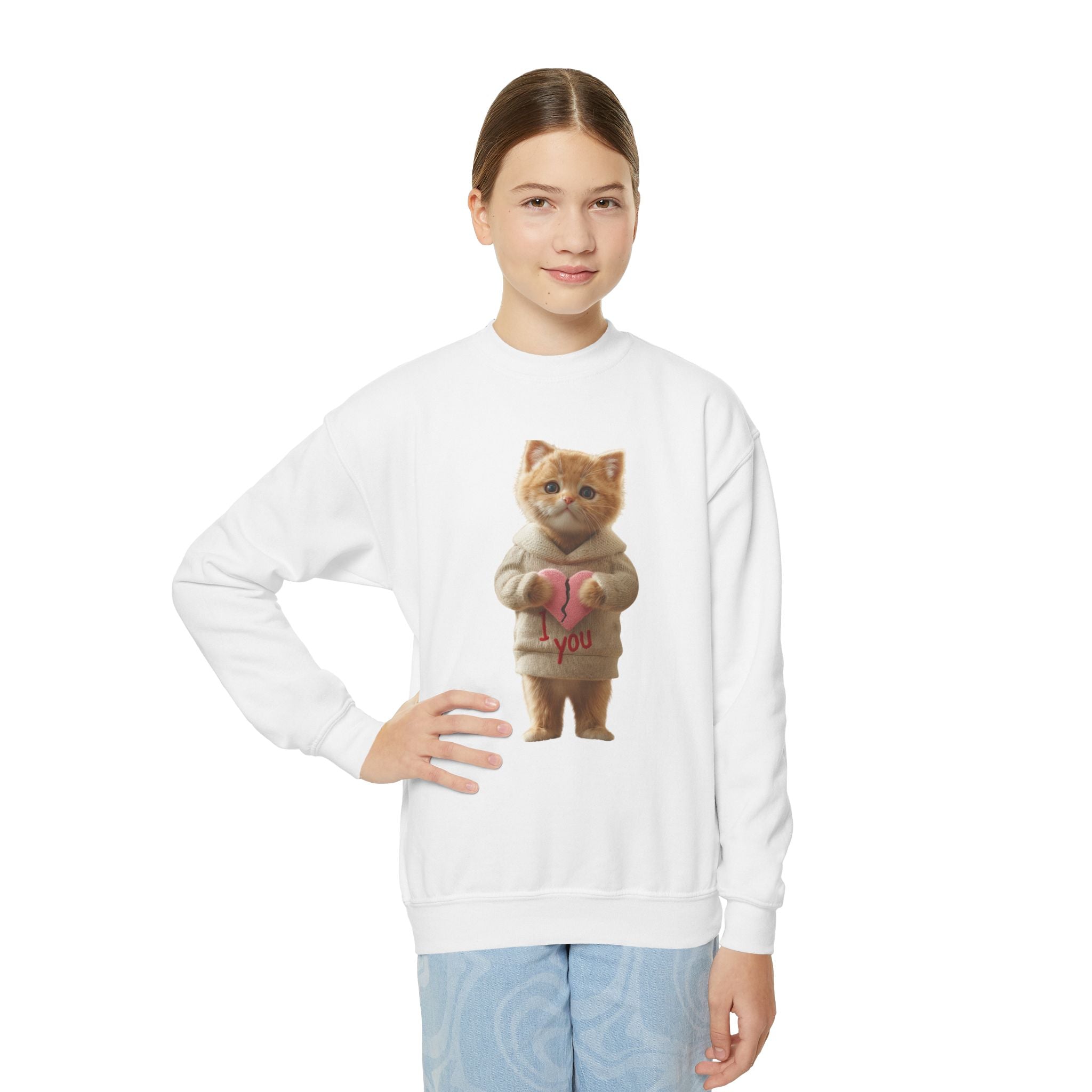 Youth Crewneck Sweatshirt — Cute Cat Holding Heart "Love You" Graphic