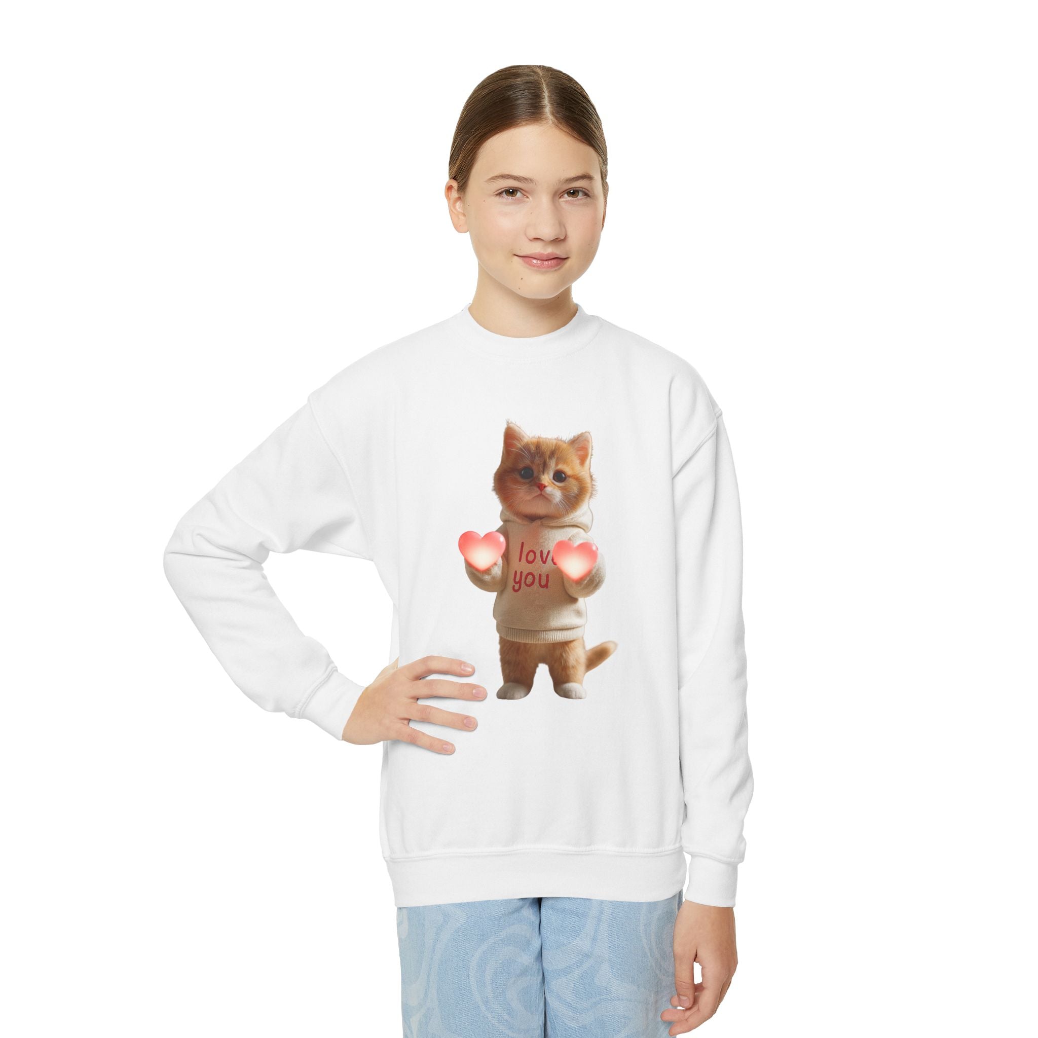 Youth Crewneck Sweatshirt — Cute Cat Holding Hearts “I Love You” Kids Pullover