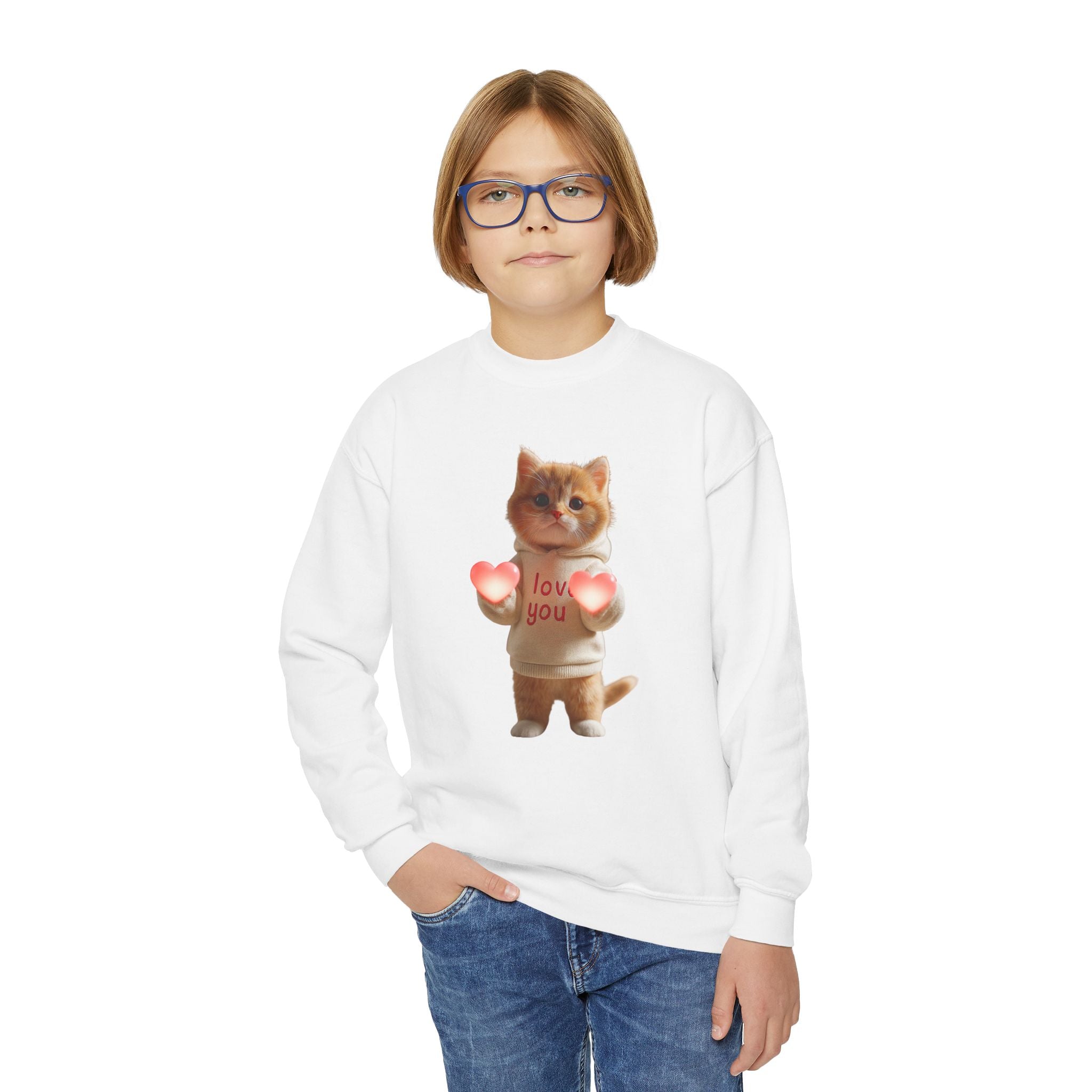 Youth Crewneck Sweatshirt — Cute Cat Holding Hearts “I Love You” Kids Pullover