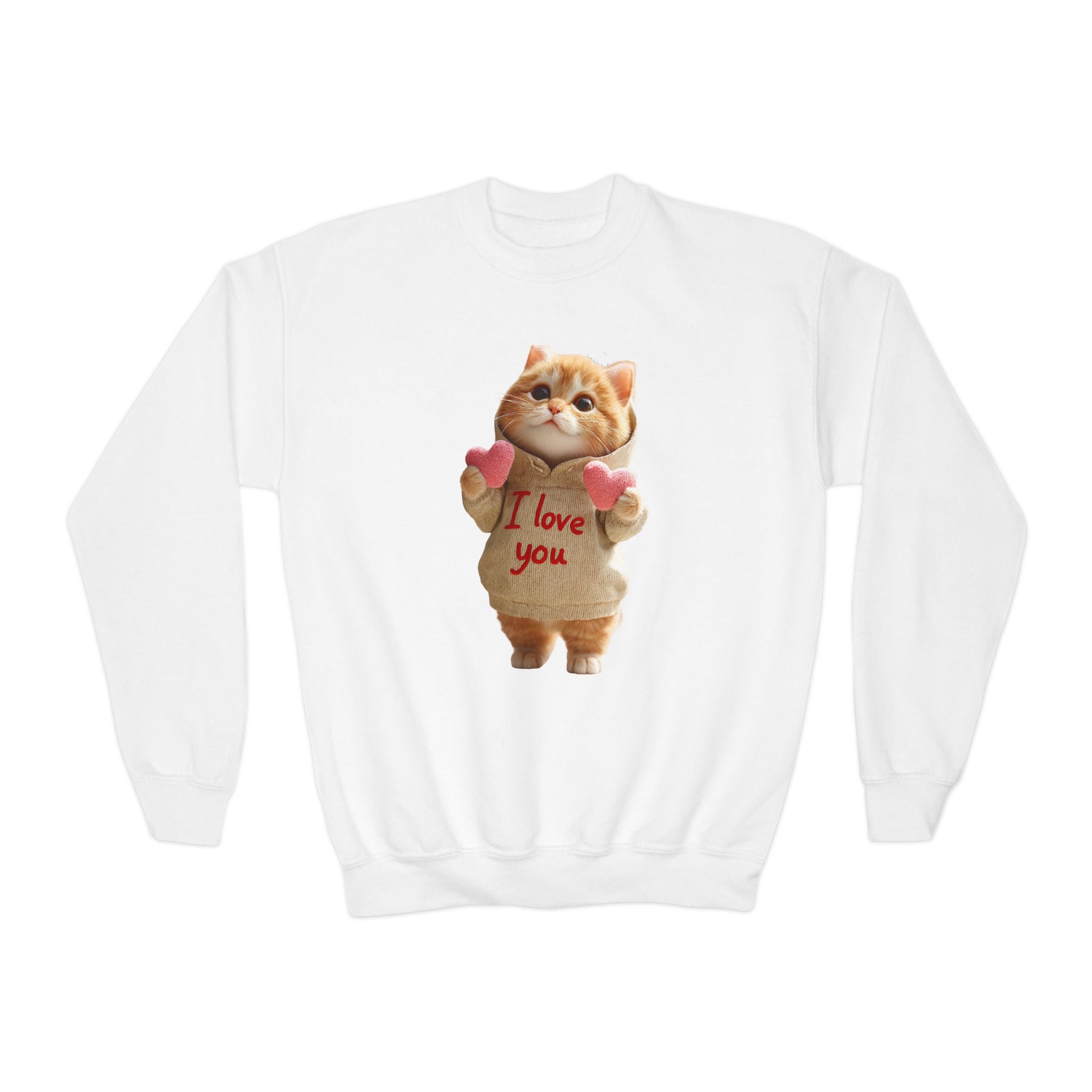 Youth Crewneck Sweatshirt — Cute Kitten "I love you" Valentine Pullover
